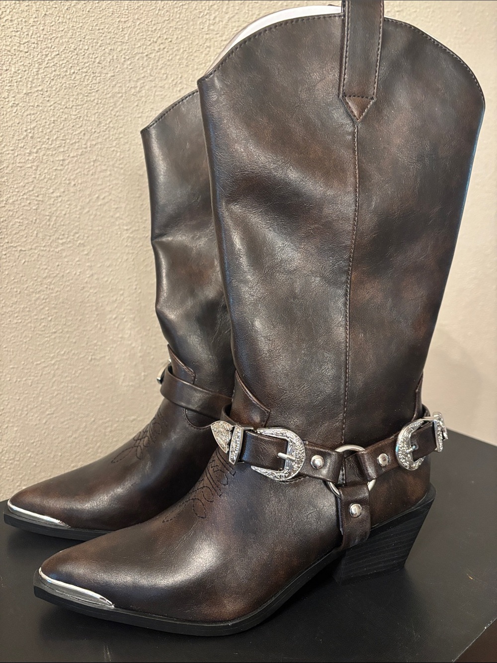 Madden NYC Brown Western Harness Ankle Booties with Decorative Silver Buckles